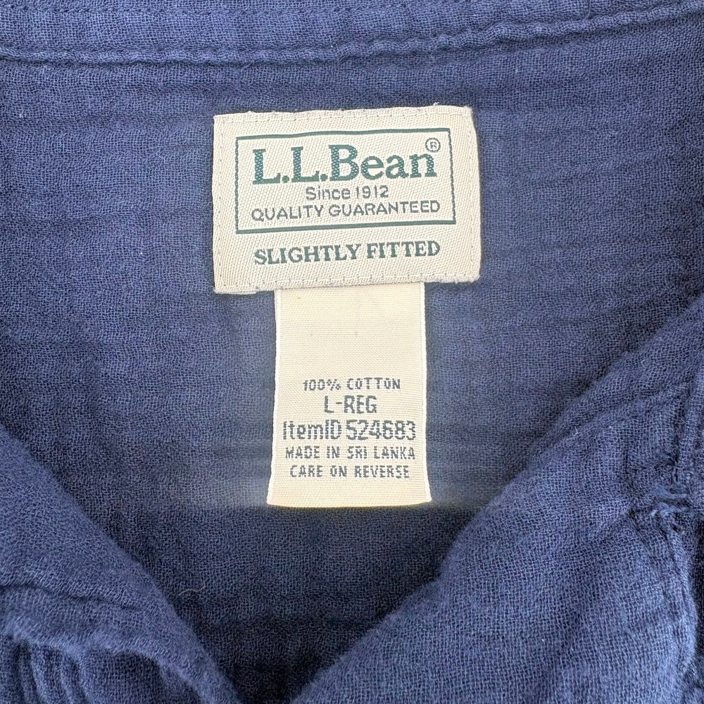 LL Bean Mens Navy Blue Double Gauze Cotton Short Sleeve Button Down Shirt Large - Picture 4 of 7